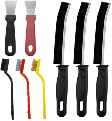Juego de 8 piezas de limpieza de juntas y cocina – 3 cepillos para juntas + 3 cepillos de limpieza de cocina/estufa + 2 rascadores, juntas y cepillo de esquinas, cepillo de limpieza para cocina, baño