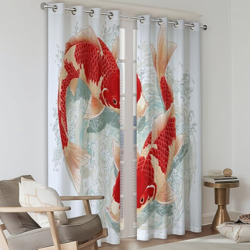 Tenda oscurante in stile cinese, motivo: carpe, koi rosso, bianco, soggiorno, tende termiche, isolanti acustici, con occhielli, bianco, decorazione per camera da letto, finestra, set di 2 tendaggi