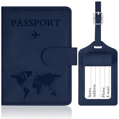 OFFCUP Pass- och Bagageetikettsset, Passfodral av PU-läder med Bagageetikett, RFID-passfodral, Modell för herr och dam för kreditkort och ID-kort, Mörkblå, 14,5 cm x 10,5 cm