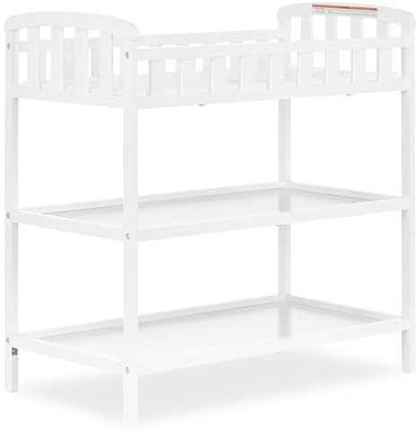 Dream On Me Emily Changing Table, Compact and Lightweight, Solid New Zealand Pinewood, Elevated Safety Rails, Two Storage Shelves, Includes Water-Resistant 1 Changing Pad — White