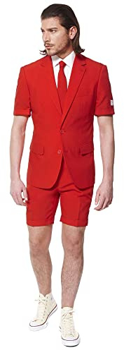 OppoSuits Herren Men Suit Business-Anzug Hosen-Set Inklusive Shorts, Kurzarmjacke & Krawatte, Red Devil, 46 EU