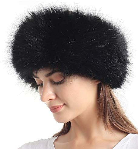 Faux Fur Headband with Elastic for Women's Winter Earwarmer Earmuff(One Size,Black)