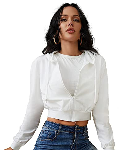 milanpavilion Zip Up Cropped White Hoodies for Women Long Sleeve Basic Workout Jacket Drawstring thin Sweatshirts
