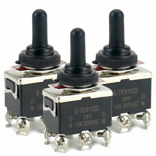 QWORK® Interruttore a Levetta Universali, AC380V 15A / AC250V 10A, interruttore a 3 posizioni 6 pin ON-OFF-ON con cappuccio impermeabile nero, 3 pezzi