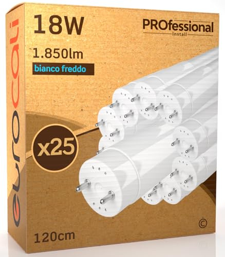 Eurocali 25 Tubi LED 120 cm 18W G13 T8 1850 lumen - Luce Bianco Freddo 6500K - Fascio Luminoso 160° - Sostituzione Neon