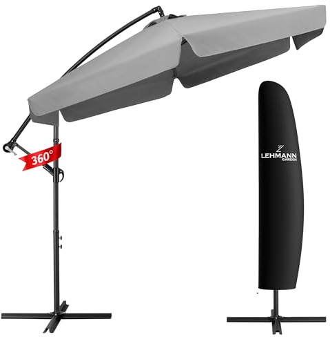 LEHMANN Ombrellone Esterno con base Ø 300 cm, Ombrellone da Giardino Grande con Manovella, Regolabile, Proteggere dal Sole e dai Raggi UV, Impermeabile, per la Terrazza e il Giardino, Graphite