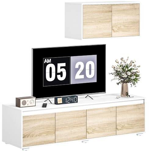 HOMCOM Set 2 Pezzi Parete attrezzata da Soggiorno in Truciolato, Mobile TV max 70 160x39x43 cm e Mobile Multiuso a Parete 80x35x40 cm, Bianco e Color Legno