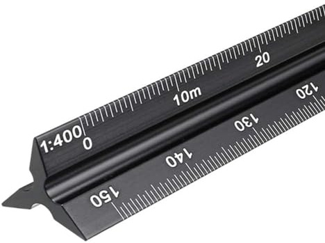 katmerio Scala triangolare, 30 cm, scala triangolare in alluminio, 1:100, 1:200, 1:250, 1:300, 1:400, 1:500, righello per scala per ingegneri architetti e studenti. (nero)