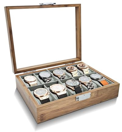 WisePoint Scatola Orologi 6 Slot, Custodia per Orologio in Legno Porta Orologi con Cuscini Rimovibili, Retro Espositore Orologi con Coperchio in Vetro per Orologi (Marrone 10 Slot)