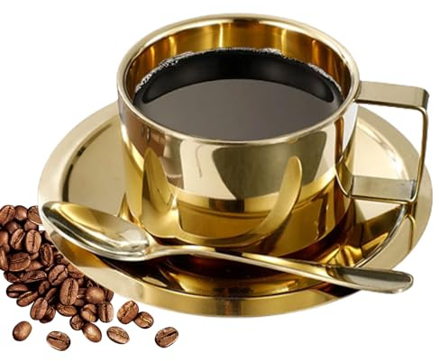 Edelstahl Kaffeetassen-Set, 200 ml doppelwandig Kaffeetassen mit Löffel und Untertasse, Espressotassen Isolierbecher für Kaffee, Latte, Tee, Milch, Tee und Kaffee Geschenkset (Gold)
