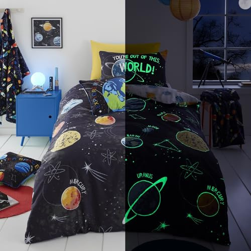 Bedlam Glow in the Dark Space Duvet Cover Set – Single Size 135x200cm – Reversible Galaxy & Planet Design – Solar System Bedding for Boys – Universe Theme with Pillowcase, Black