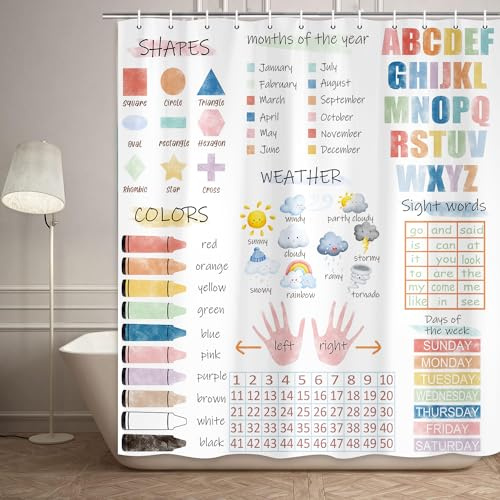 JAWO Kids ABC Educational Shower Curtain, Boho Watercolor Alphabet Pastel Numbers Shapes Colors Shower Curtains for Girls,Child Nursery Home Decor Polyester Fabric Kids Bathroom Set Hooks 72X72