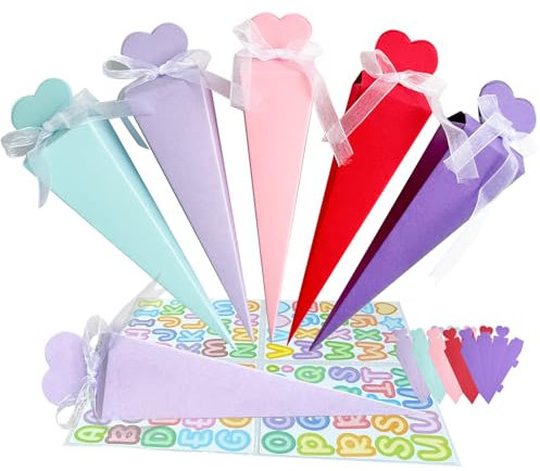 UTEFIF 20stk Schultüte Geschwistertüten Einschulung Schulanfang Geschwisterschultüte Kleine Schultüte Jungen Mädchen Zuckertüte zum Befüllen Geschenkboxen DIY Faltbare Schultüte, mit Aufklebern Band