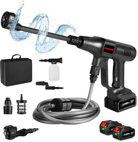 ONEVAN hidrolimpiadora bateria, 80bar portatil Pistola de Agua a presión con batería de 2x3.0ah, 6 en 1 y 180° Boquilla, hidrolimpiadora de Alta presion inalámbrico para Coche, jardín