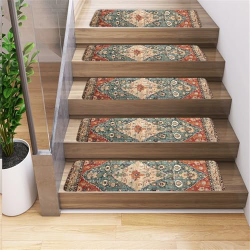 Surwin Alfombrillas de Escalera Antideslizantes 5/10 Pisadas para Escalones de Madera, Estilo étnico Persa Alfombras con Respaldo de Goma Antideslizantes Interiores (10 Piezas,Verde)