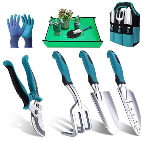 7 Pièces Outillage de Jardin: Ensemble de Outils Jardinage en Acier Inoxydable avec Sac de Rangement Cadeaux de Jardinage pour Femmes et Hommes