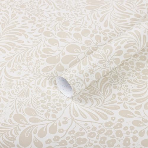 Heroad Peel and Stick Wallpaper Beige Floral Contact Paper Modern Neutral Wall Paper Boho Removable Self Adhesive Wallpaper for Bedroom Living Room Bathroom Nursery Waterproof Vinyl Roll 17.3''x78.7''