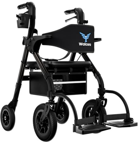 WALCORA 2 in 1 Rollstuhl Rollator Faltbar und Leicht mit Sitz – NEUHEIT 2025 – Gehhilfe für Senioren Outdoor & Indoor Wohnung – Klappbar Gummireifen Leichtgewicht Gehwagen Walker Wheelchair Kaufen