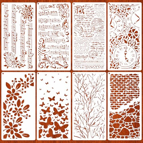 MWOOT 8 Pezzi Stencil per Pittura Riutilizzabili, Stencil Modelli di Pittura Texture Note Musicali Rami Fiore in Plastica per Mobili Muro Legno Design Scrapbooking DIY 30 x15 cm