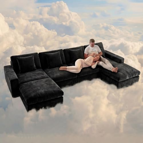 ANDFZ 6–8 Seater Modular Corner Sofa, U-Shaped Boneless Cloud Sofa, Vacuum-Packed, Skin-Friendly, for Living Room, Bedroom or Home Cinema, Black