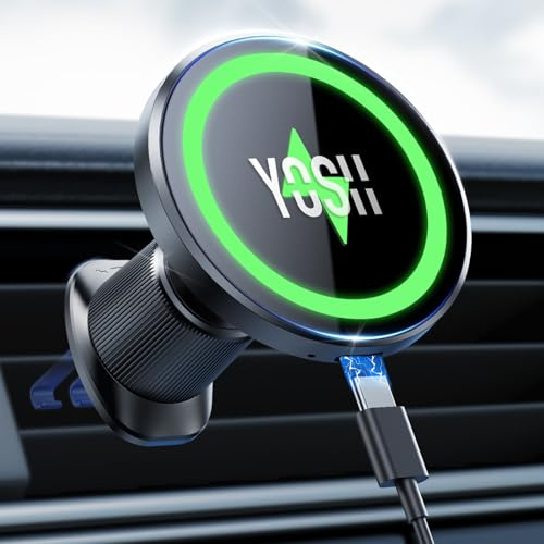 YOSH for MagSafe Car Mount Charger, [Active Cooling & 15W Fast Charging] | Magnetic Wireless Car Charger with Extendable Metal Double Hook for Air Vent, 22×N56 Magnets for iPhone 17–12 Samsung Pixel