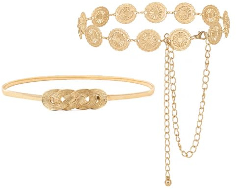 Ceinture Femme Dorée 2 Pièces, Ceinture Chaîne & Ceinture Bijoux Femme | 2 ceintures dorées femme : chaîne de taille réglable 80-120 cm et ceinture élastique 74-100 cm pour robe