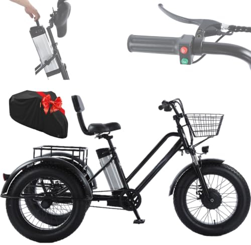WuXQuuzlh Tricycle Electrique Adulte, Tricycle à 3 Roues en Acier Carbone, Paniers De Rangement Avant Et ArrièRe, Pneus Larges 20 Pouces pour Trajets Quotidiens et Courses