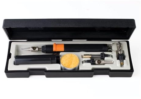 Portasol Kit de soudure portable au gaz butane avec allumage automatique, fer à souder professionnel avec embouts interchangeables, couteau chaud, souffleur, mallette rigide