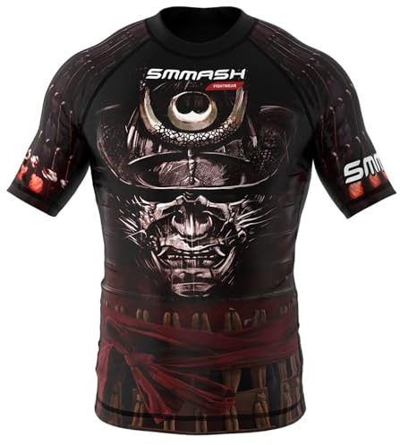 SMMASH Samurai Rashguard Hombre Manga Corta, Camisetas Hombre para MMA, Artes Marciales, Krav Maga, BJJ, K1, Karate, Material Transpirable y Antibacteriano, (XL)