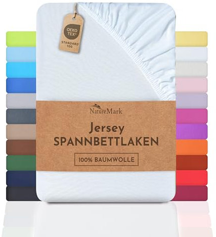 NatureMark Jersey Spannbettlaken, Spannbetttuch 100% Baumwolle in vielen Größen und Farben MARKENQUALITÄT ÖKOTEX Standard 100 | 140 x 200 cm - 160 x 200 cm - weiß