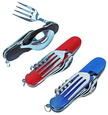 6-in-1 Multi-Function Camping Utensil Flatware Set Detachable Spoon Fork Knife Combo Mess Kit with Carrying Pouch(Black + Blue + Red)