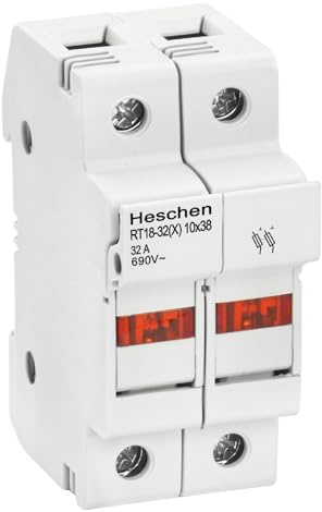Heschen RT18-32X Sicherungshalter 2-Polig, 32A 690V AC, für 10x38mm Zylindersicherung, 35mm DIN-Schienenmontage, CE & UL gelistet