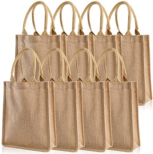 DEAYOU 8 Pack Jute Burlap Tote Bags, Burlap Gift Tote with Handles, Jute Beach Bags Reusable Lined Grocery Totes for Bridesmaid, DIY, Shopping, Pool, Wedding, 9.8''x11.8''x3.9'', Natural