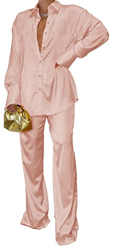 Minetom Completa 2 Pezzi Donna Satin Camicia Maniche Lunghe Risvolto con Bottoni + Pantaloni Lunghi Tuta Casual Tinta Unita Completo A Rosa S