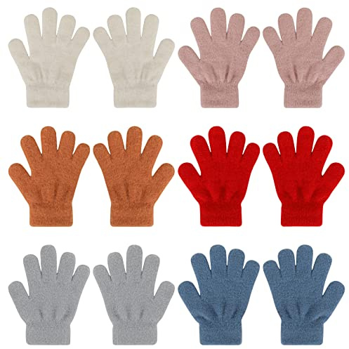 QKURT 6 Pairs of Kids Winter Warm Gloves, Solid Color Plush Children's Gloves Full Finger Winter Toddler Gloves Stretch Gloves for Boys and Girls aged 4-10