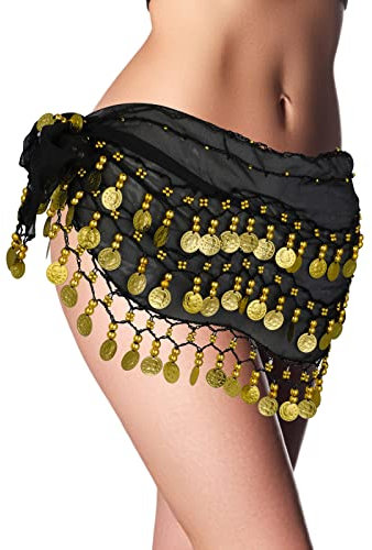 Chiffon Hüfttücher Schwarz Bauchtanz Hüfttuch Gürtel Rock Goldmünzen Bauchtanz Tuch Performance Kostüm Damen Mädchen Latein Yoga Belly Dancer Outfit Halloween Corgi Hundekostüm für Hunde