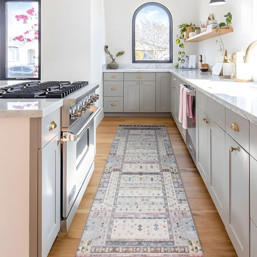 TALETA Teppich Läufer Flur, Küchenläufer waschbar in Waschmaschine, Teppich Küche rutschfest, Vintage Teppich Läufer für Flur, Küchen, Eingang, Teppich blau, 80 x 300 cm