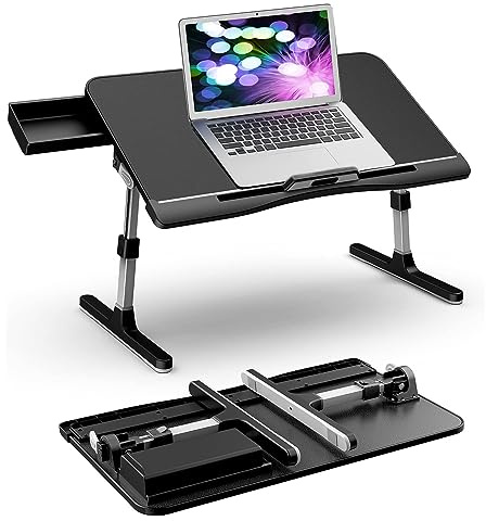 Homesbrand Laptop sängbord, laptop skrivbord sängbricka med förvaringslåda, höjd och vinkel justerbar, bärbart knävikbart skrivbord för frukost läsning arbete på sängsoffa, PU-läderyta, 60 x 34 cm