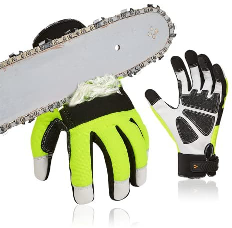 Vgo... Gants de Protection Contre les Tronçonneuses EN381-7, Classe 1, 20 m/s, Protection Contre les Coupures, Haute Résistance aux Coupures, en Cuir de Chèvre et PVC(GA8912/S/Vert/1 paire)