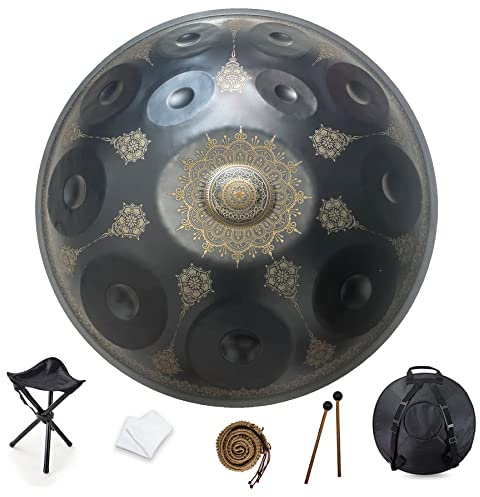 12 notes 22 pouces Handpan, D-Minor 432 Hz Steel Drum Percussion Instrument, Mandala Musical Performance Handmade Healing Musical Instrument Gift Black