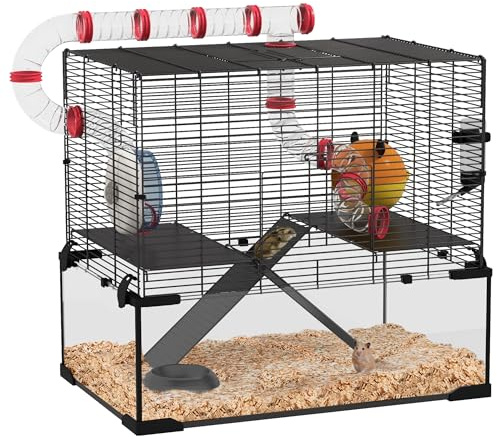 PawHut Large Hamster Cage, Gerbil Cage with Deep Glass Bottom, Tunnels, Non-Slip Ramps, Exercise Wheels, Water Bottle, Dish, 60 x 40 x 57cm