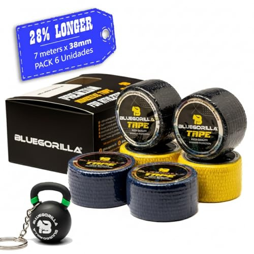 BlueGorilla Tape CrossFit Elástico (Pack 6 Rollos) - Esparadrapo Deportivo Flexible para Hook Grip y Dedos - Incluye Llavero de Regalo - 3.8cm x 7 m.
