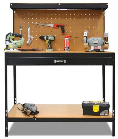 KOMBO - Arbetsbänk i stål med 2 MDF-hyllor, 1 låda och perforerat stativ – 150 × 120 × 60 cm – robust konstruktion, platsbesparande, perfekt för garage och verkstäder