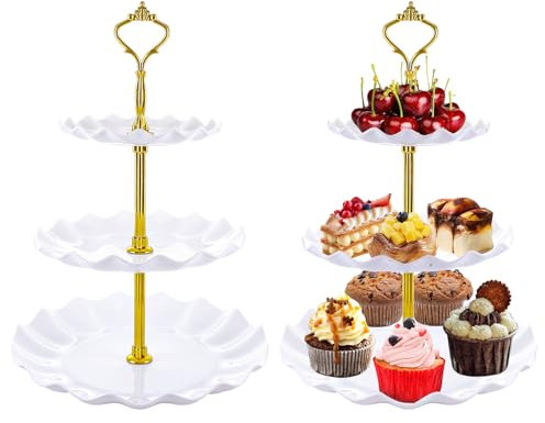 ASelected 2 Pcs Large 3 Tier Cupcake Stand, White Round Cake Display Stand 34cm Height Plastic Cake Stand Afternoon Tea Stands Reusable Food Serving Platter Stand for Birthday, Wedding, Party