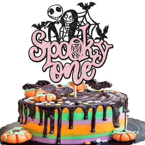 Xsstarmi 1 Pack Spooky One Cake Topper Glitter Spider Web Bat Cake Pick Jack and Sally Halloween Cake Decorations for Happy Halloween Theme Baby Shower 1st Birthday Party Supplies Pink