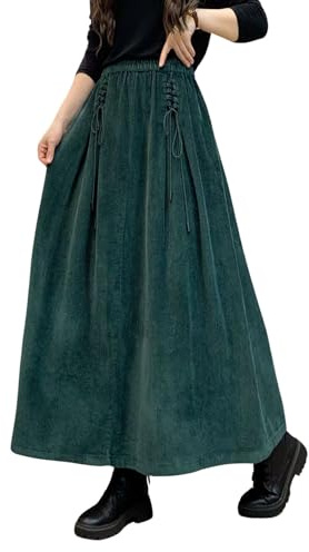 ebossy Jupe Longue plissée en Velours côtelé Taille Haute élastique avec Cordon de Serrage sur Le Devant et Poches pour Femme, Vert foncé., Taille XL