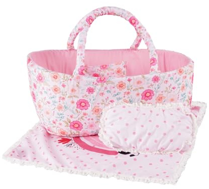 BABESIDE 3 Pcs Baby Doll Bassinet with Baby Doll Bedding Set for 17-22 Inch Dolls, Floral Patterns Babydoll Crib and Blanket for Lifelike Reborn Dolls Accessories, Pink