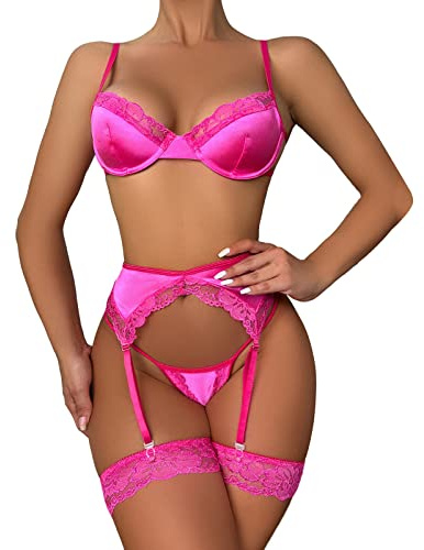 Ensemble de Lingerie Féminine Dessous Sexy Femme Sous-vêtements amusants pour femmes voir à travers les vêtements de nuit sexy soutien-gorge sangle Ensemble Lingerie Body Femme Sexy Chic (Hot Pink, L)