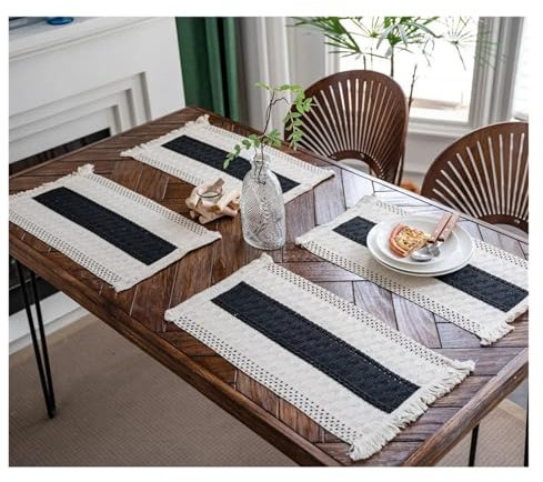 AHUFGN Placemats Cotton Linen Placemats For Dinner Table Macrame Modern Accessory Kitchens Underplate Party Wedding Table Decor Place Mats Set(03 Black White)
