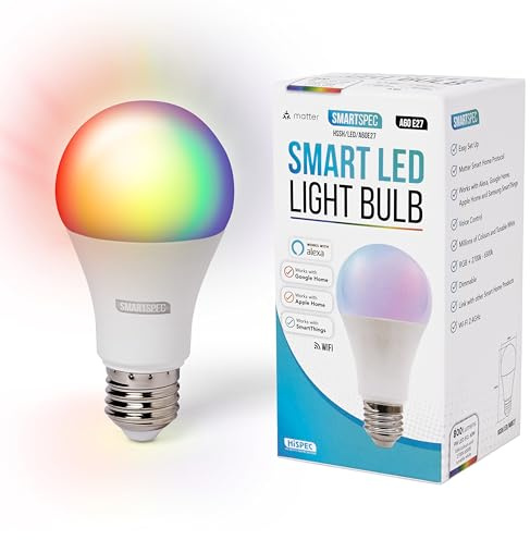 SMARTSPEC Smart Bulb, Smart WiFi LED Light. Works with Amazon Alexa, Google Home, Apple Home. Colour Changeable. Multicolour Smart Light Bulb NUUK-A60 ACK Matter E27